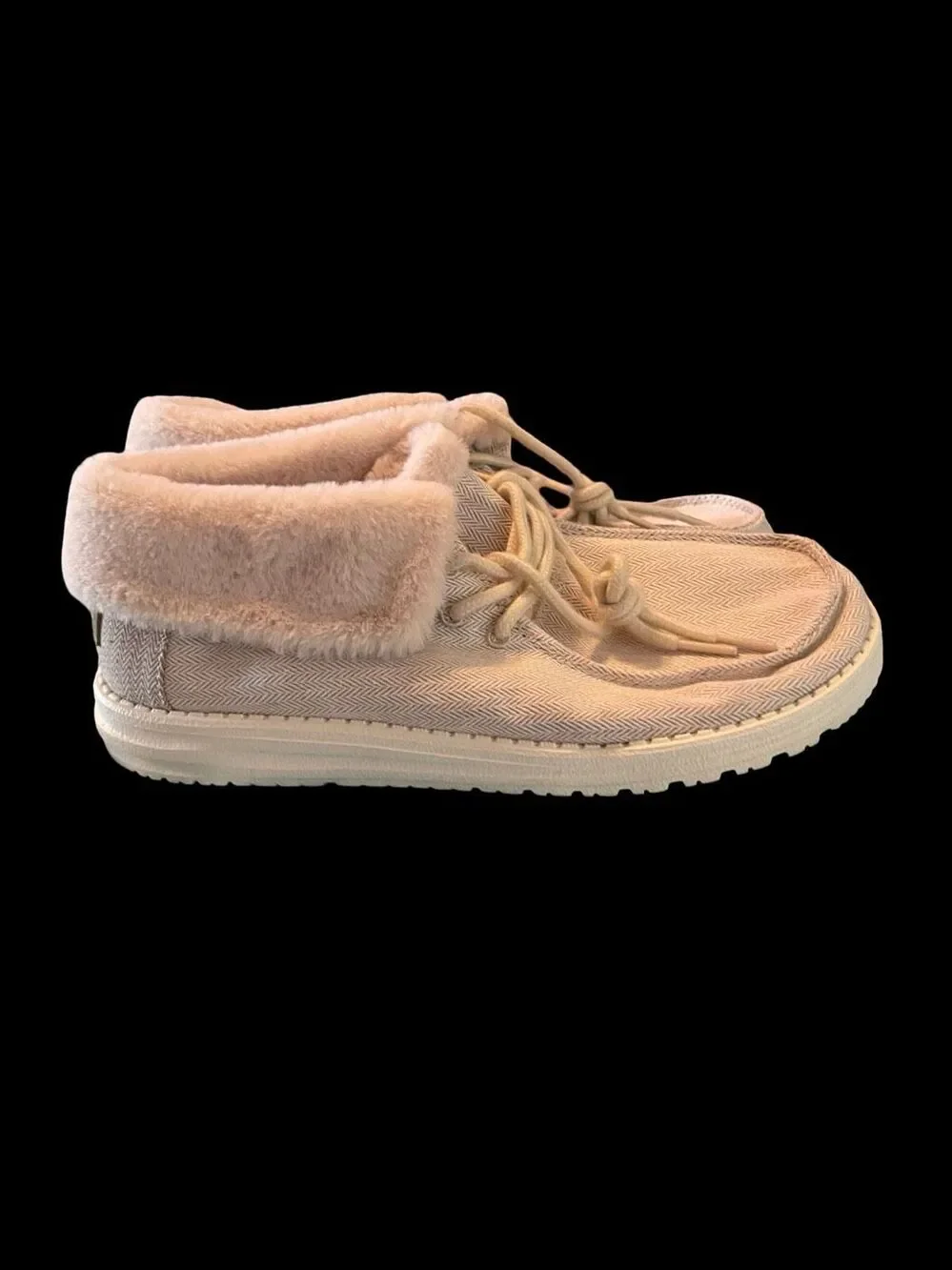 New Hey Dude Herringbone Cream Britt Faux Fur Fold Over Moccasins Shoes Size 9